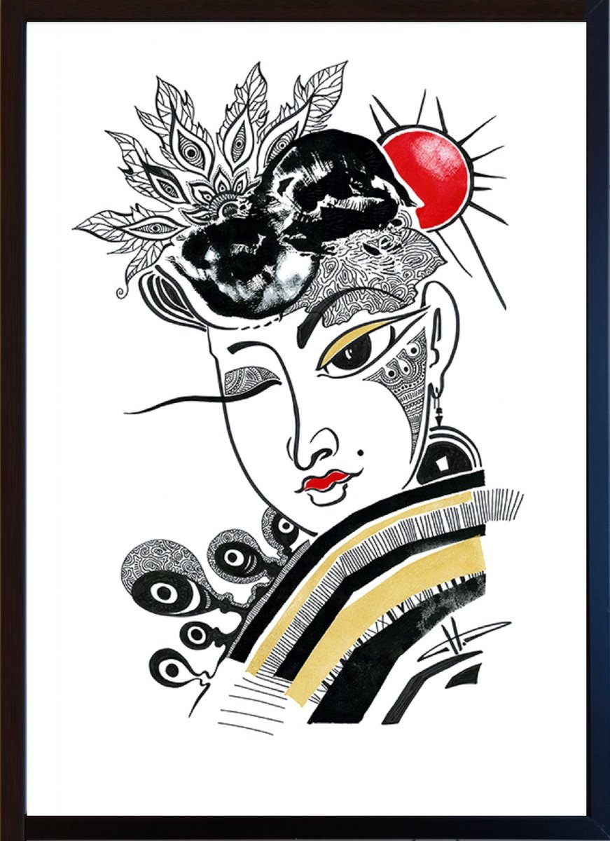 Urban And Pop Portrait Ink Drawing By Silvia Pavlova, 21 X 29", "Bizarre Asian Look", Original Artwork