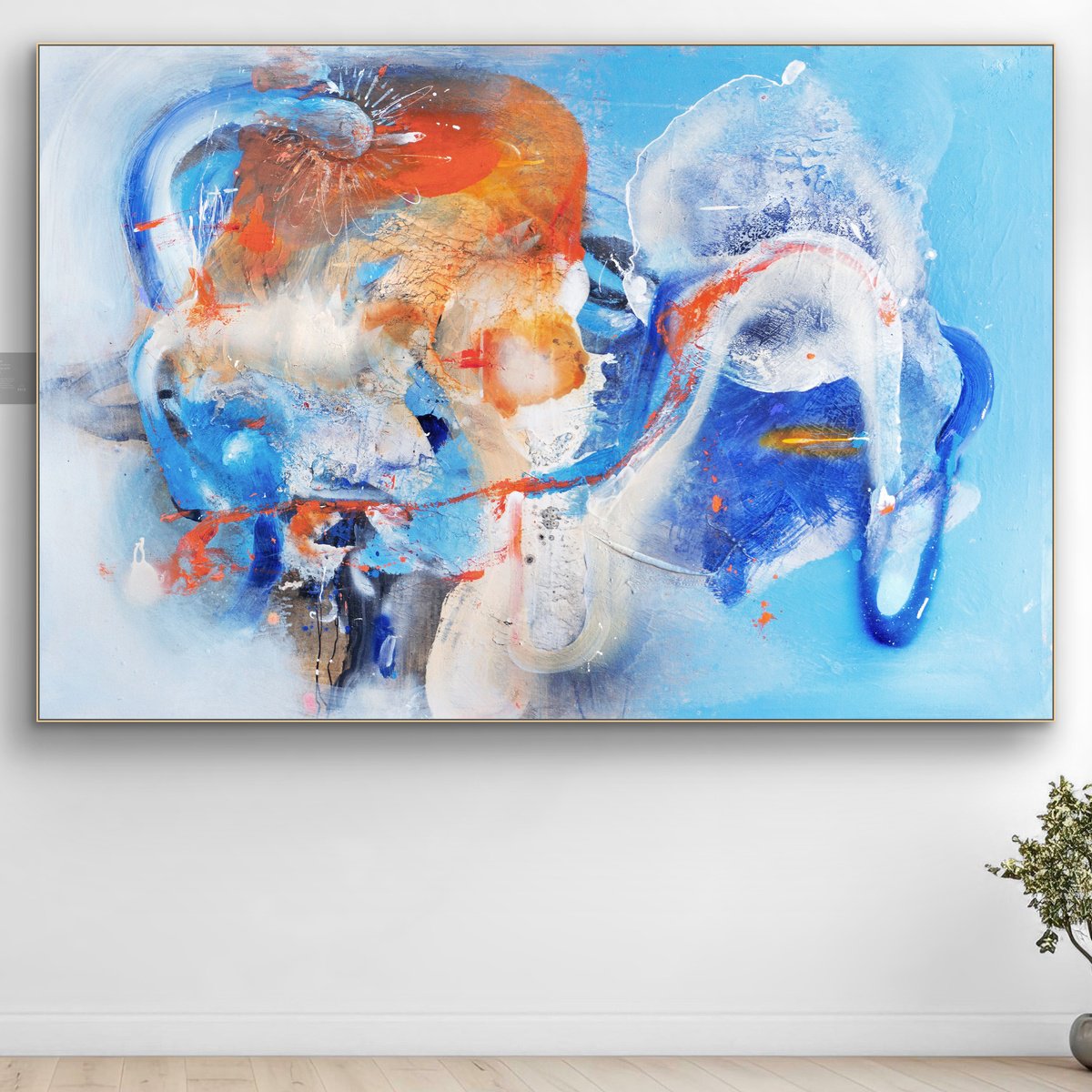 Organic Abstract Acrylic Painting By Adriano Ribeiro, 47 X 31, Cyan Metamorphosis, Original Artwork