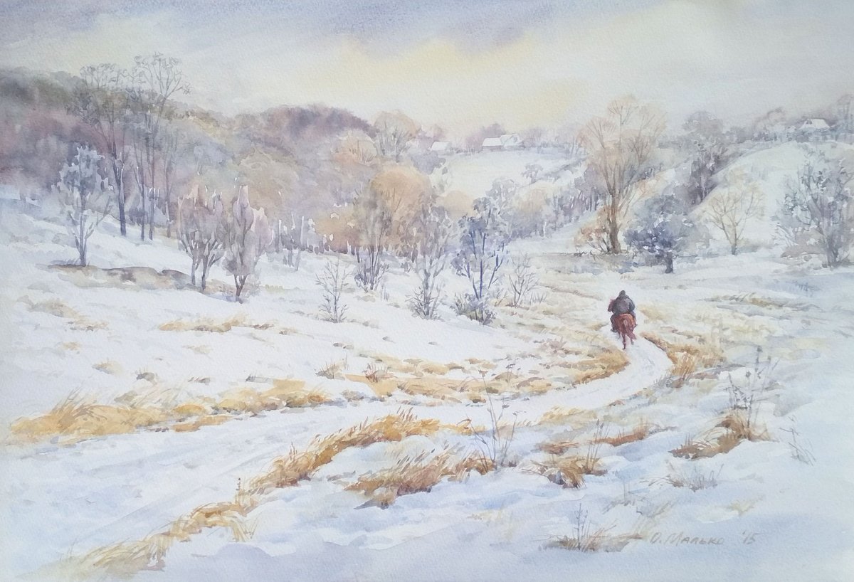 Impressionistic Watercolour , Winter Landscape With A Horse Rider By Olha Malko, 22 X 15, Artwork For Sale On Artfinder
