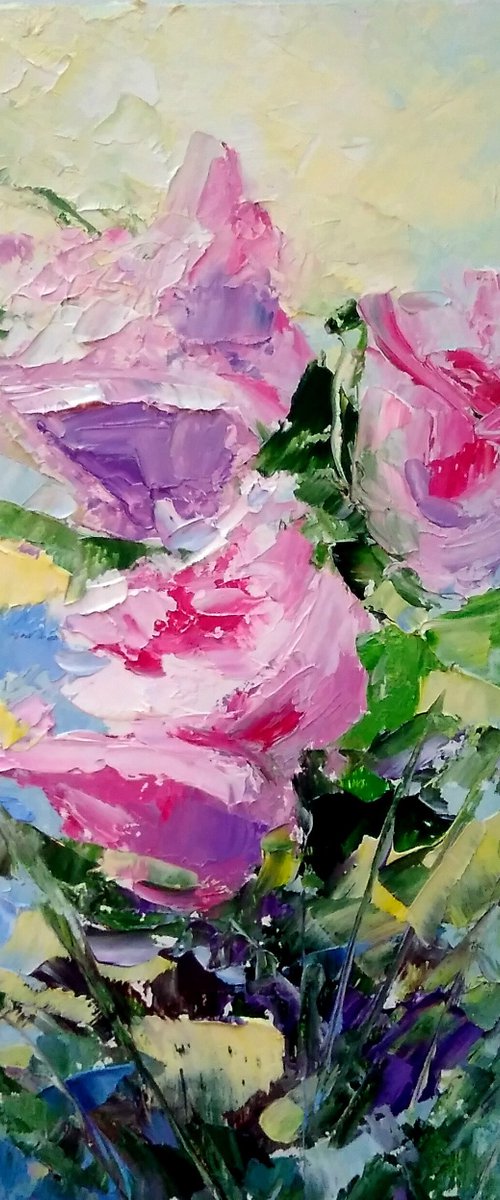 Pink Roses Painting Floral Original Art Small Oil Artwork Flower Wall Art by Yulia Berseneva