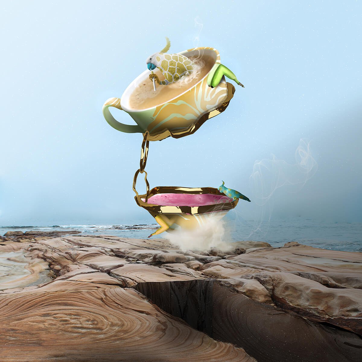 Surrealistic Animal Print By Vanessa T Stefanova, 24 X 24", Coffee With The Birds, Original Artwork