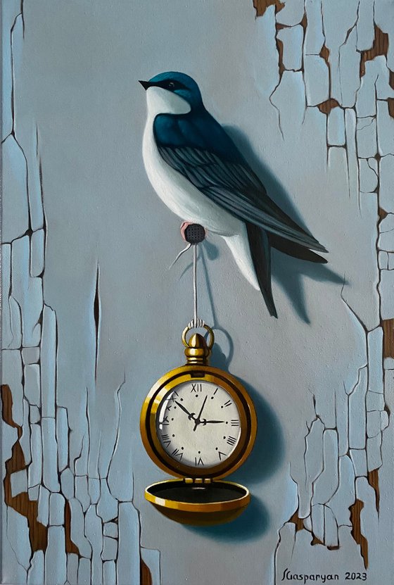 Still life with bird and clock (24x35cm, oil painting, ready to hang)