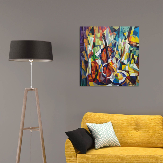 still life with violin (80x80cm, cubism, oil painting, ready to hang)