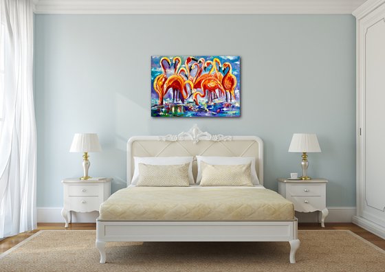 ORANGE FLAMINGOS. LARGE SIZE PAINTING. Original oil palette knife painting on linen canvas.