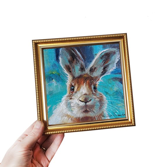 Funny rabbit oil painting original art 6x6, Rabbit illustration ready to ship