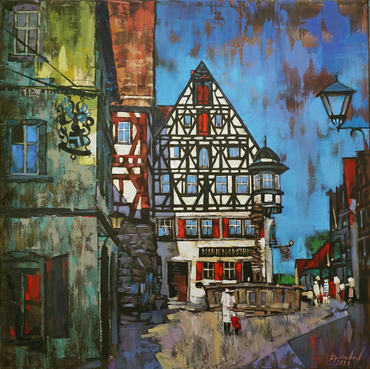 Impressionistic Cityscapes Oil Painting By Anastasiia Kraineva (Masniuk), 39 X 39, Rothenburg On Tauber, Original Artwork
