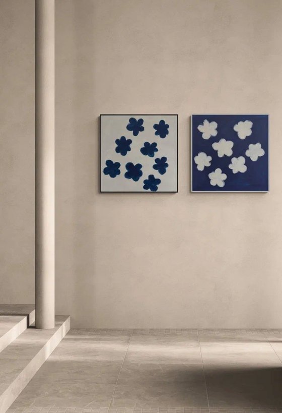 Diptych Blue and White Abstract