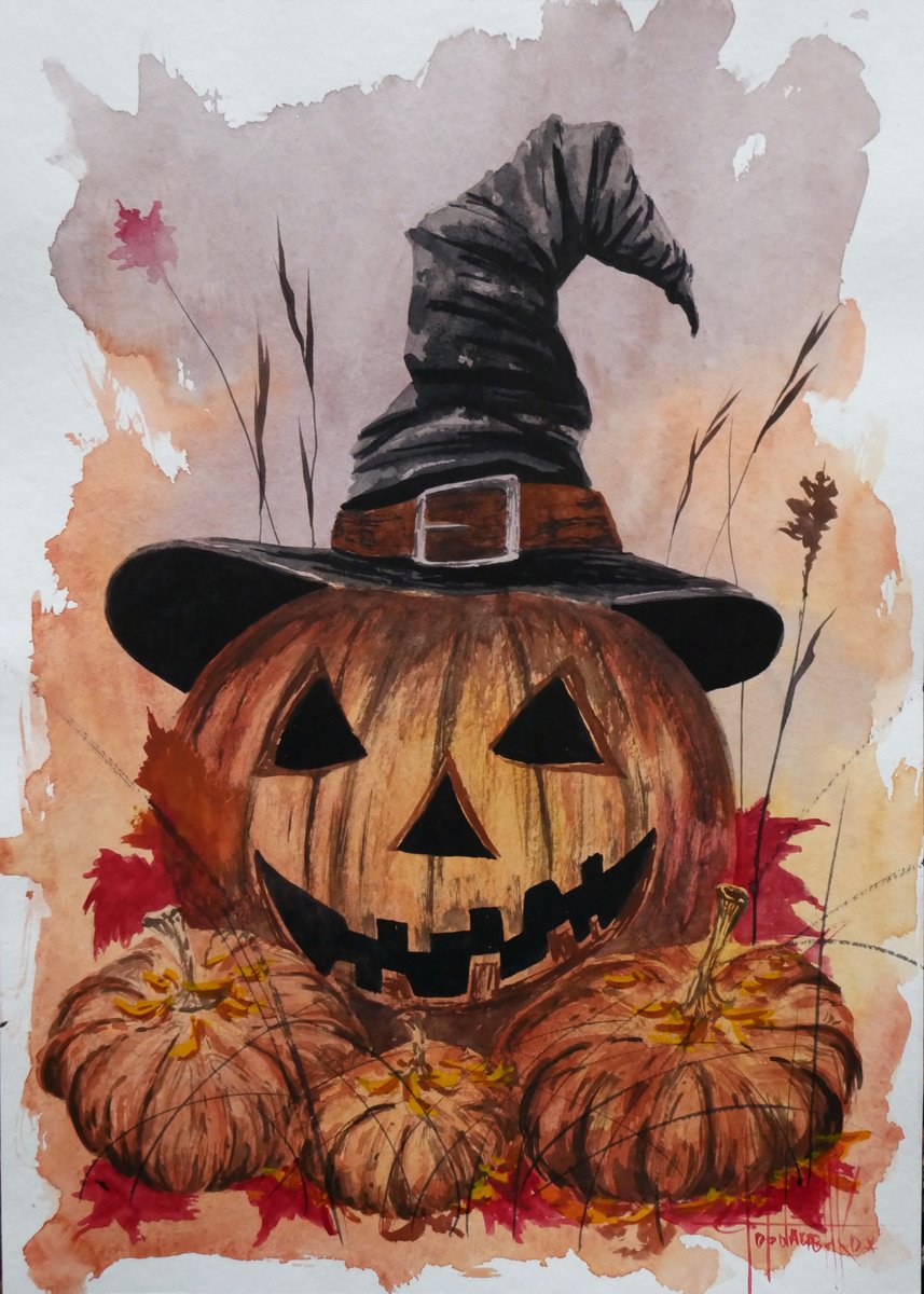 Illustrative Watercolour , Pumpkin In A Hat By Eugene Gorbachenko, 12 X 16, Artwork For Sale On Artfinder