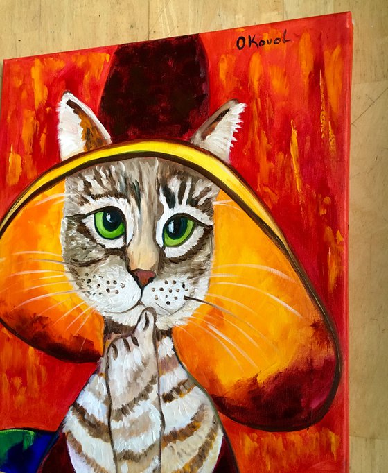 Cat - thinker at in a hat,  inspired by Amedeo Clemente Modigliani