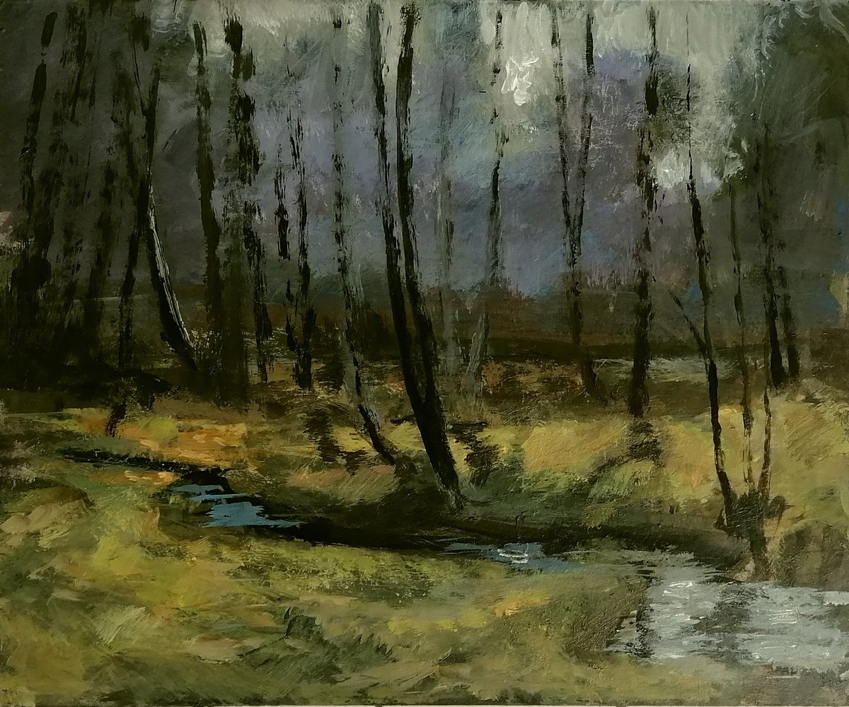 Impressionistic Landscape Acrylic Painting By Alan Harris, 12 X 10, Forest Stream, Original Artwork