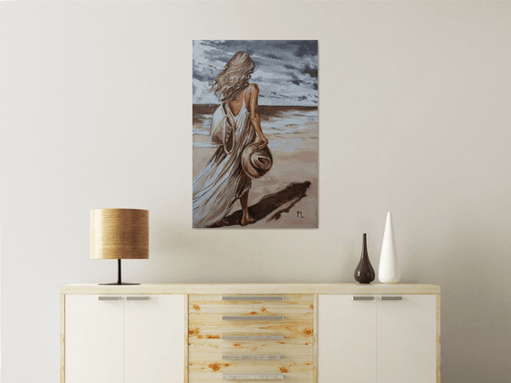 " MORNING WALK ON THE BEACH WITH HAT "