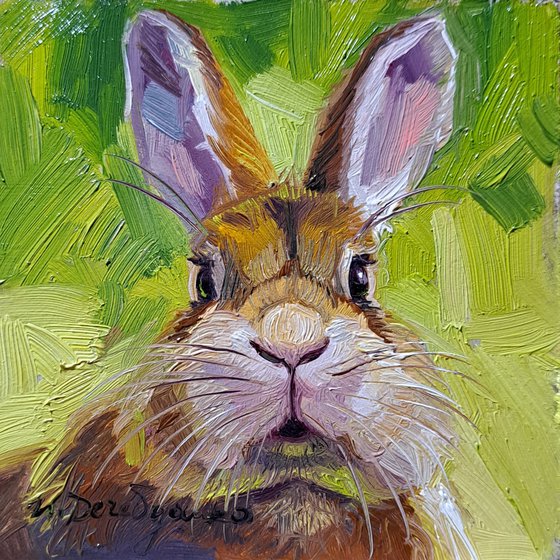 Beige rabbit oil painting original art 4x4 inch, Animal oil painting in frame