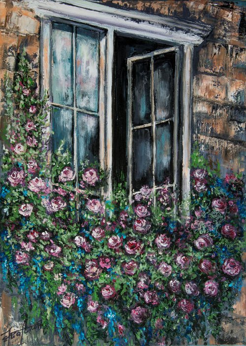 "Provencal window" Original acryl painting on canvas 50x70x2cm.ready to hang by Elena Kraft