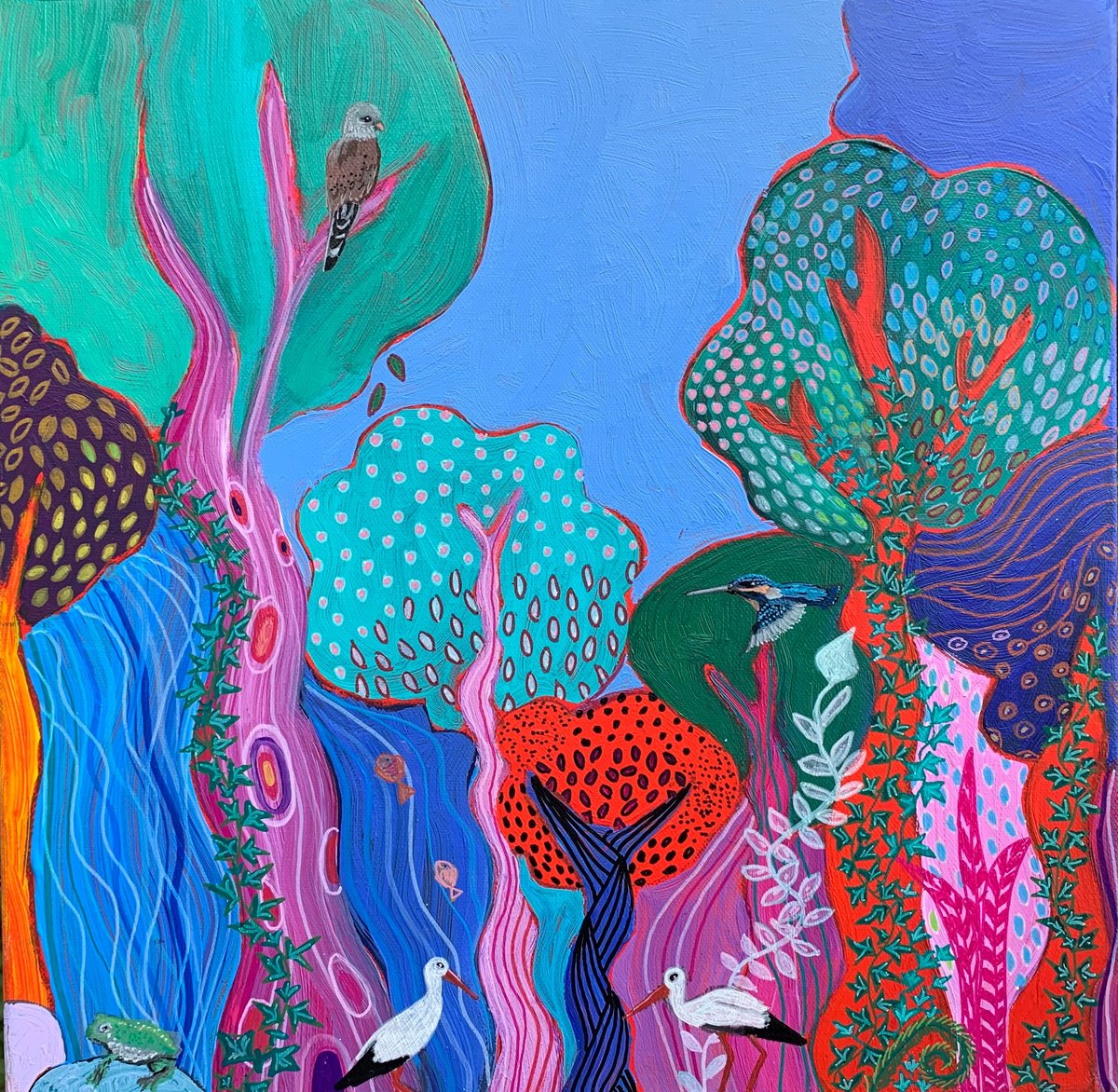 Abstract Acrylic Painting By Laure Bury, 16 X 16", Down By The River Iii, Original Artwork