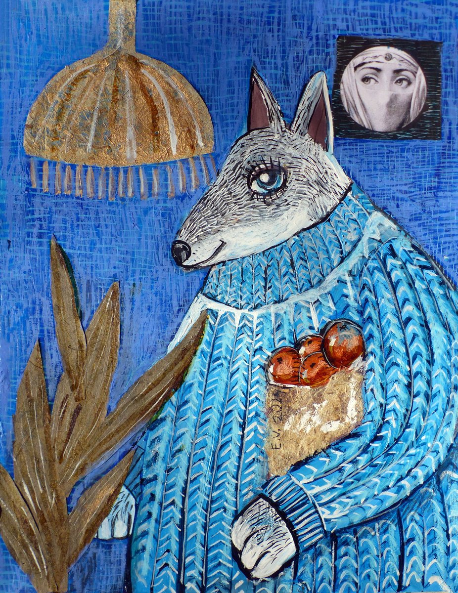 Naive Animal Painting By Elizabeth Vlasova, 11 X 14, Wolf At Home, Original Artwork