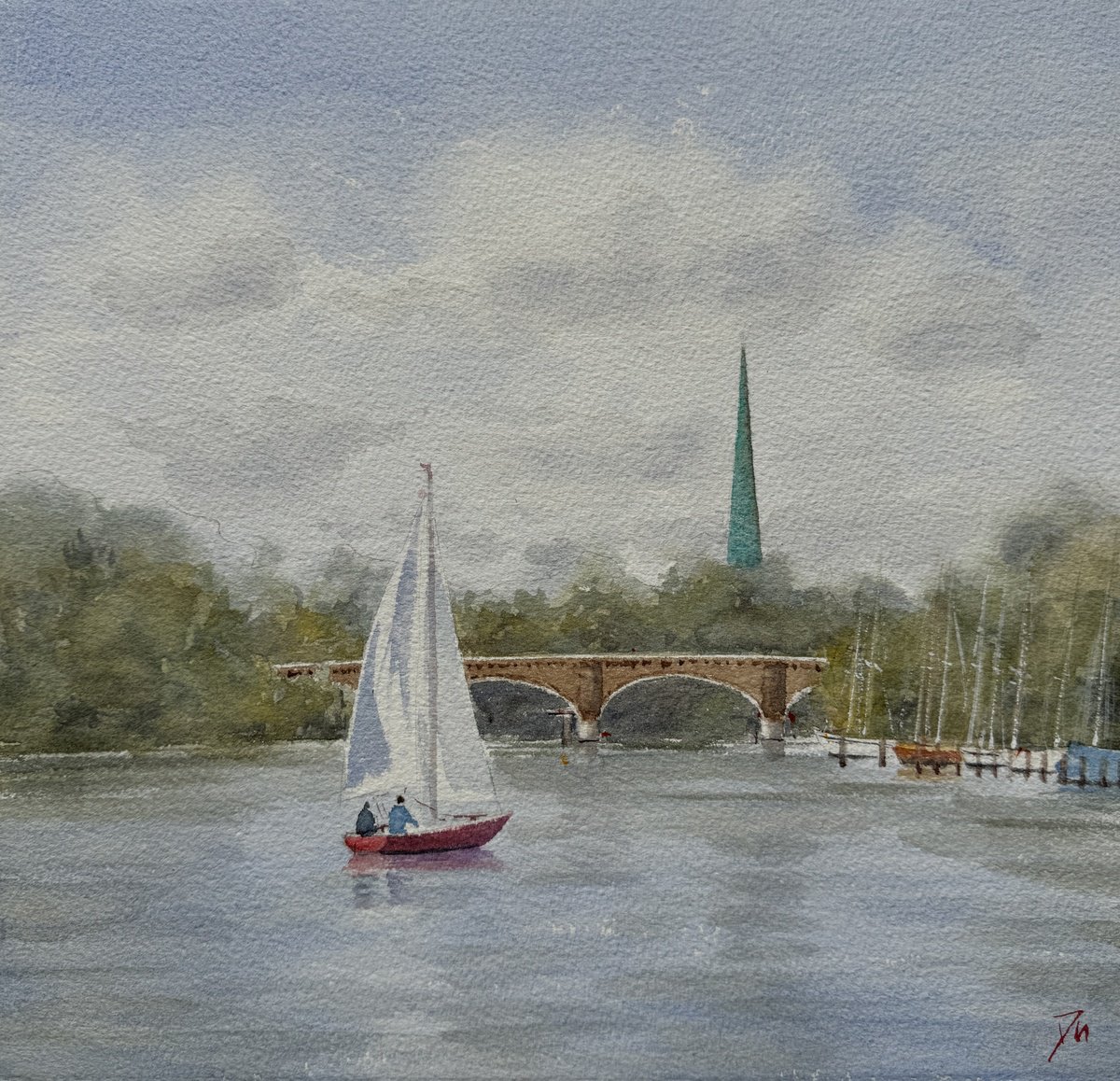 Impressionistic Landscape Watercolour By Shelly Du, 12 X 12", Hamburg Sailing, Original Artwork