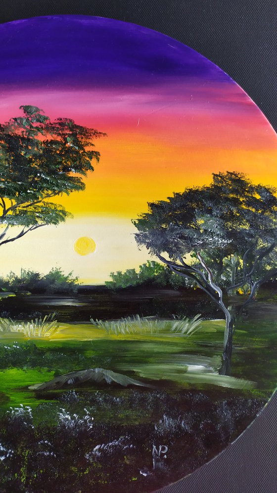 Calm sunset, original landscape oil painting on wooden plate, Gift, art for home