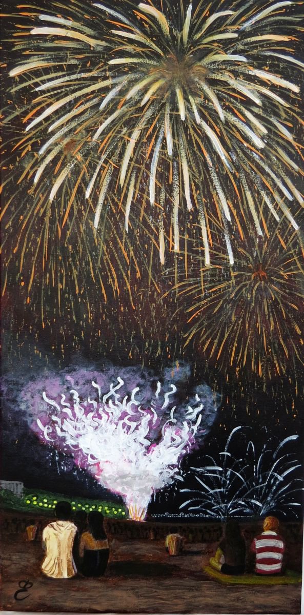 Photorealistic Landscape Acrylic Painting By Dmytro Yeromenko, 12 X 24, Fireworks 2, 30*60, Original Artwork