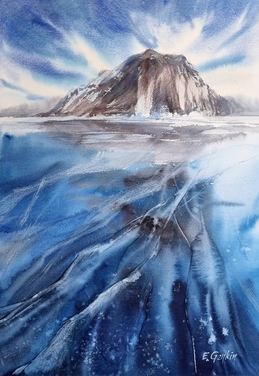 Impressionistic Landscape Watercolour By Elena Genkin, 12 X 16, Ice Kingdom #2. Frozen Lake, Original Artwork