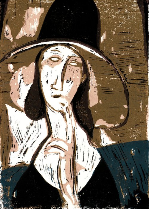 Woman with hat - Linoprint inspired by Amedeo Modigliani by Reimaennchen - Christian Reimann