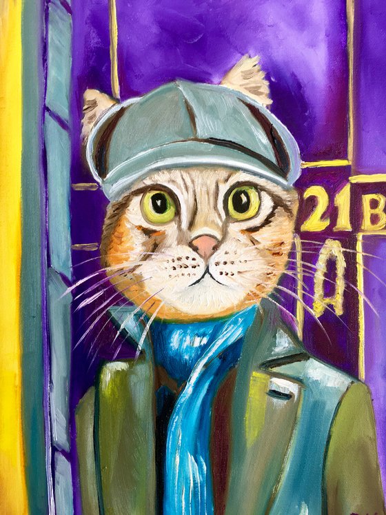 Troy The  Cat- Sherlock Holmes  Baker  Street 221 B   oil painting for cat lovers.