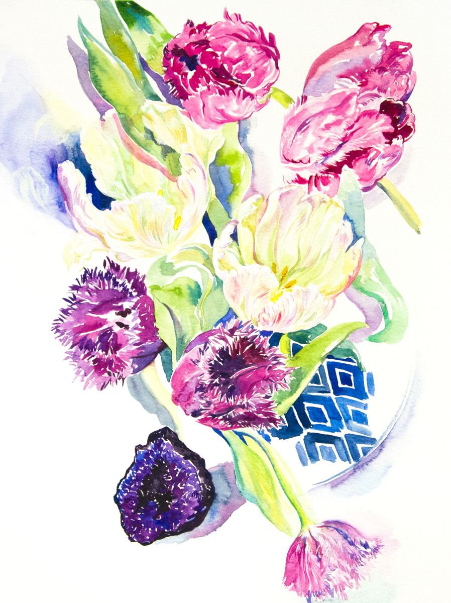 Impressionistic Botanical Watercolour By Daria Galinski, 9 X 13, Still Life With Violet And White Tulips, Original Artwork