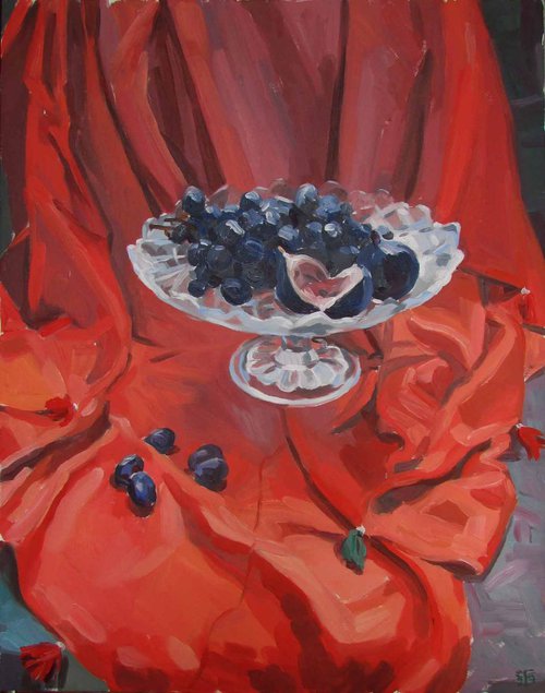 Grapes and figs on red by Kateryna Bortsova