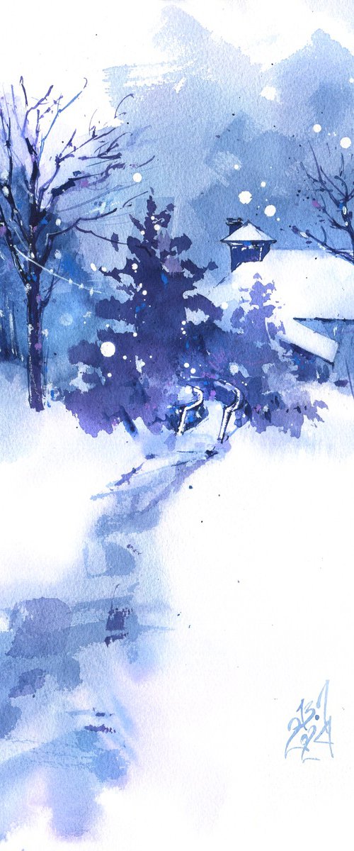 "Let's go listen to the silence" winter landscape in watercolour in blue tones by Ksenia Selianko