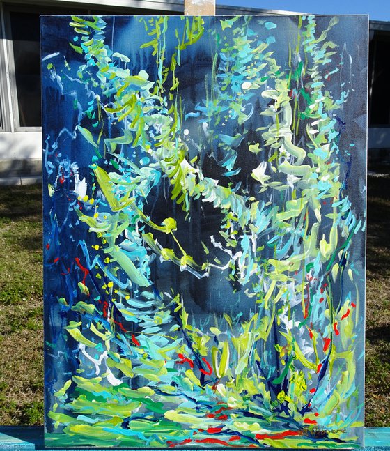 Abstract Landscape Painting. Floral Forest. Abstract Tropical Flowers and Birds. Original Blue Teal Green Painting on Canvas. Modern Impressionism Art