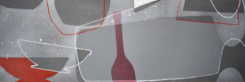 Abstract stillife Dancing Gray Bottles-2, canvas 47x16 inch by Hilde Hoekstra