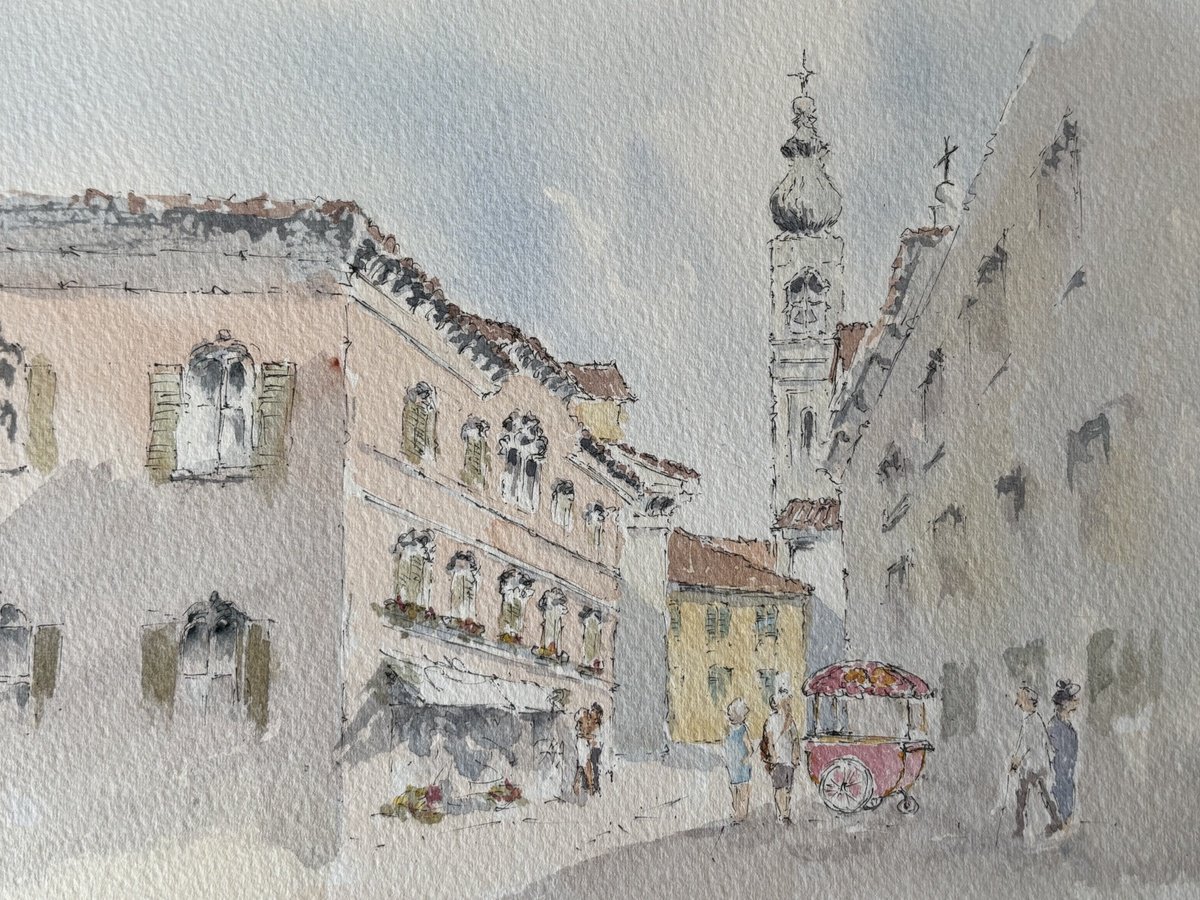 Impressionistic Cityscapes Watercolour By Noel Sawyer, 10 X 7", The Missing Ice Cream Salesman, Original Artwork