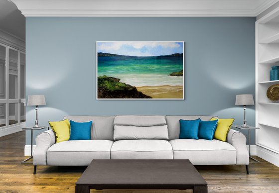 Seascape panorama warm bay. EXTRA LARGE OIL PAINTING