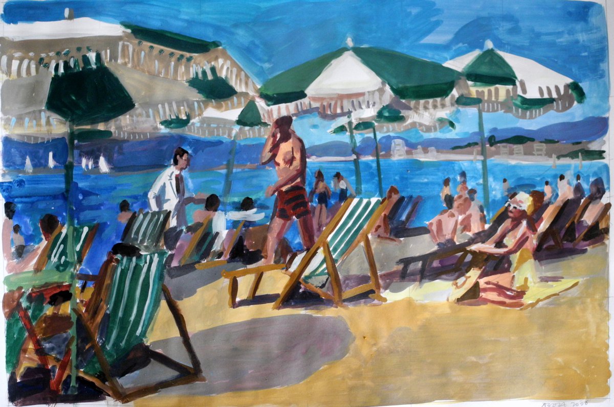 Impressionistic Landscape Painting By Stephen Abela, 28 X 20", Cannes 1955 Walking Past 2, Original Artwork