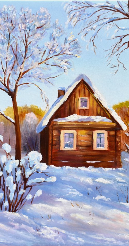 A Log Cabin in Winter by Yulia Nikonova