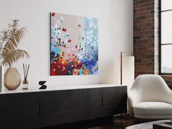Square acrylic painting with flowers “Phenomena VI” 90x90cm