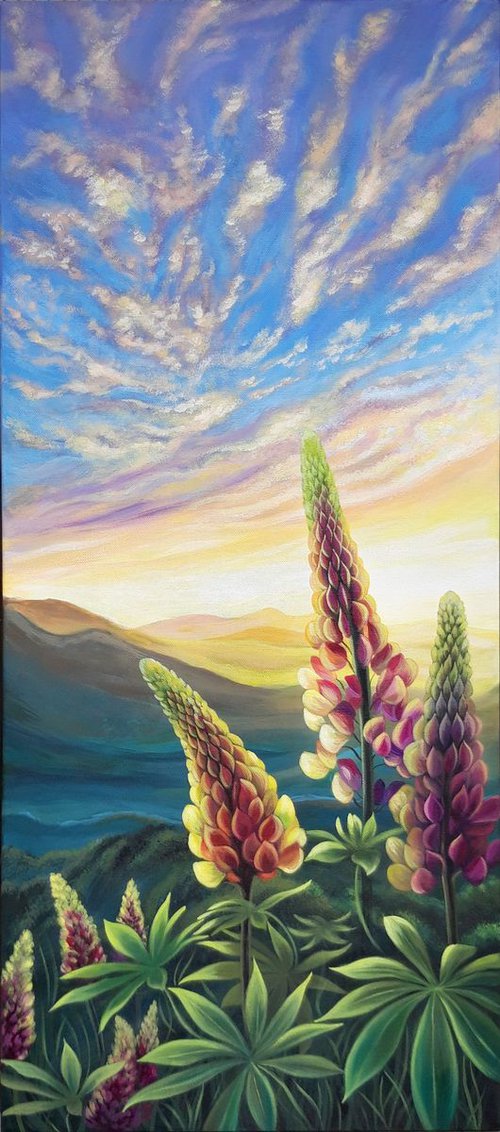 "Evening fairytale", lupines floral painting, landscape flowers art by Anna Steshenko