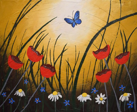 original painting on canvas hand made flowers english countryside abstract landscape butterfly floral flower artwork painting art canvas - 16 x 20 inches box canvas