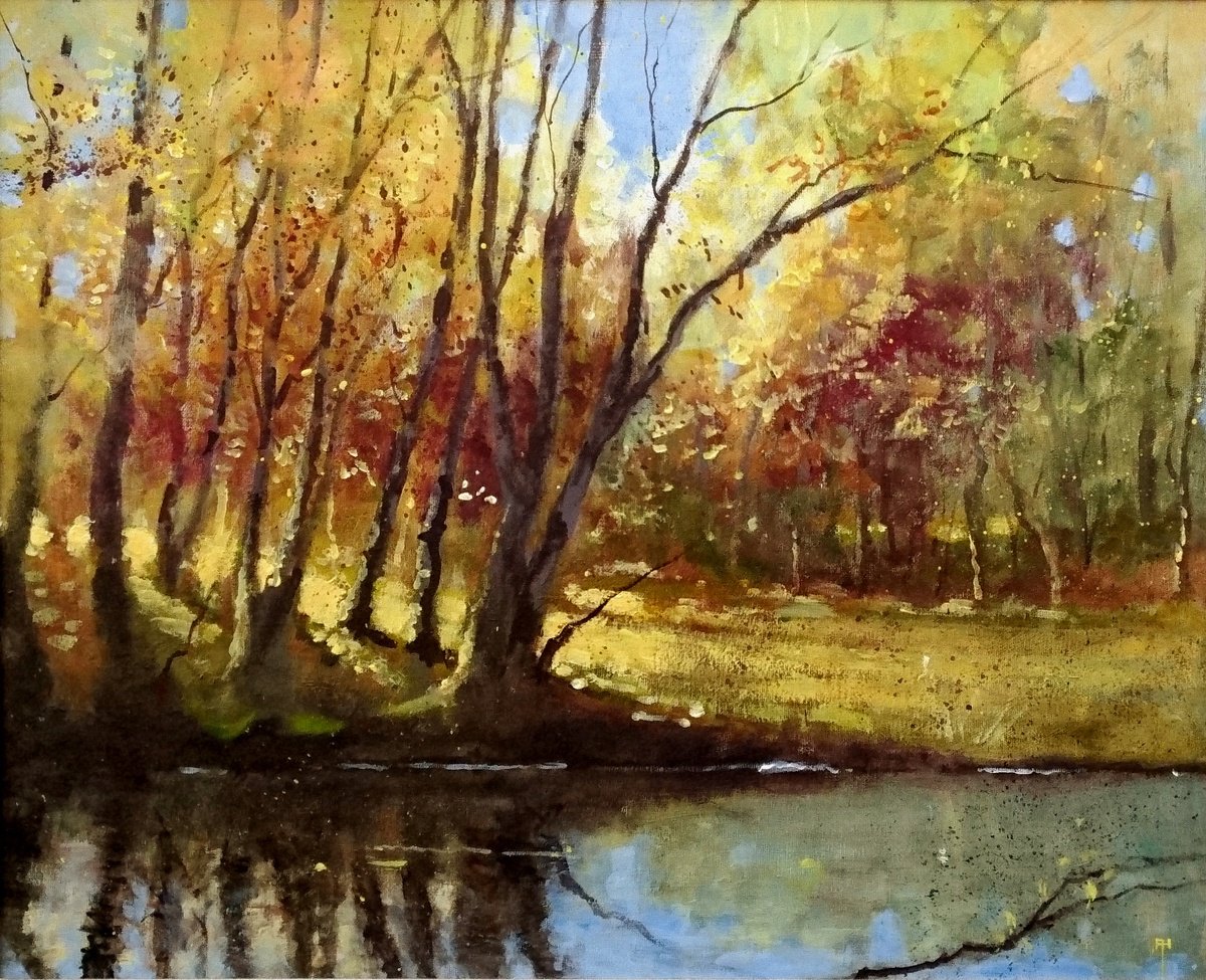 Impressionistic Landscape Acrylic Painting By Alan Harris, 30 X 26, Autumn Trees, Original Artwork