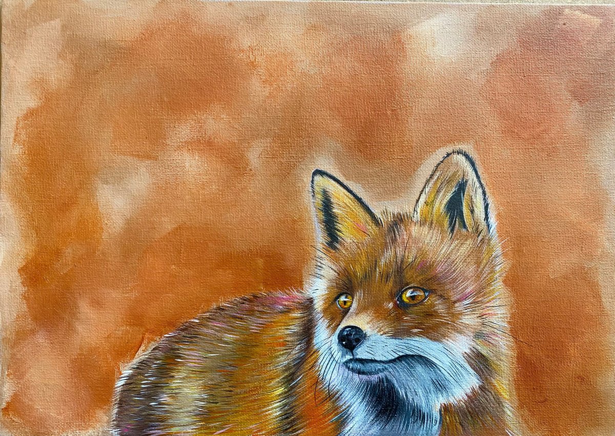 Realistic fox painting. Acrylics on canvas board by Bethany Taylor