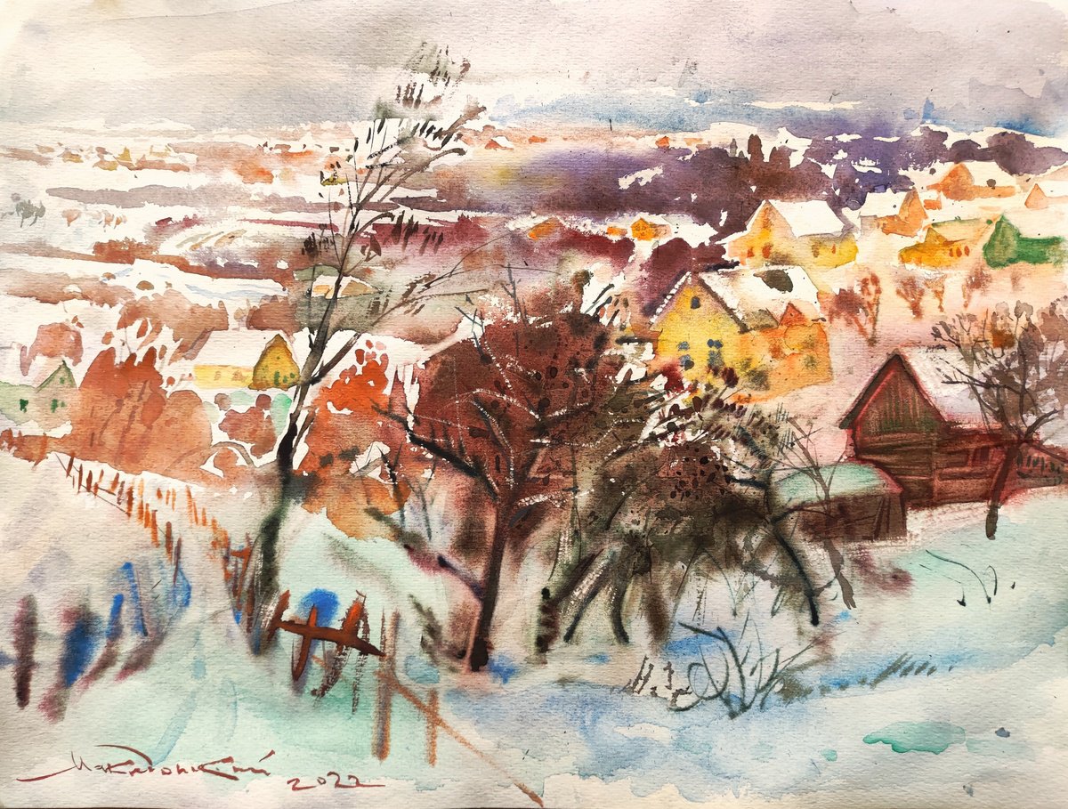 Impressionistic Landscape Watercolour By Pavlo Makedonskyi, 20 X 16", Winter, Original Artwork