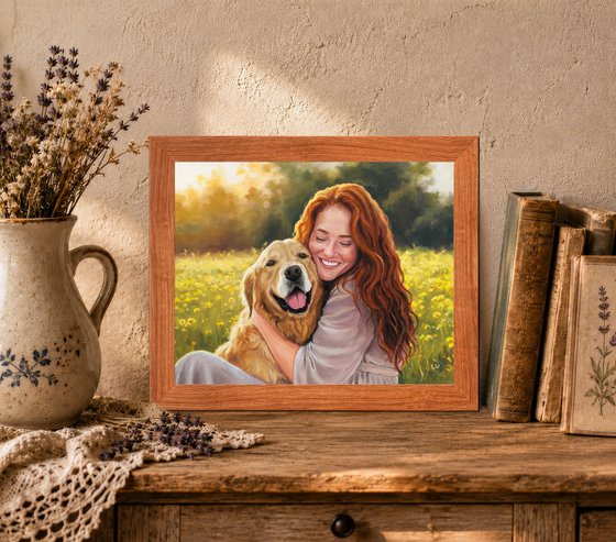Smiling red-haired woman hugging a dog