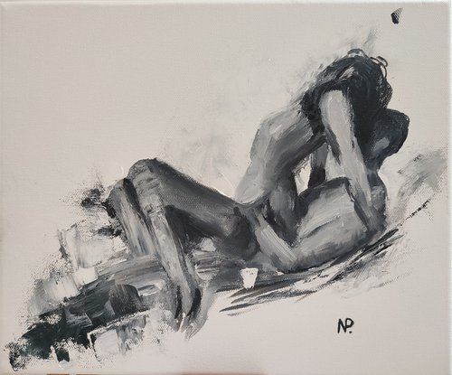 Couple, black and white erotic nude oil painting, gift idea, art for gift by Nataliia Plakhotnyk