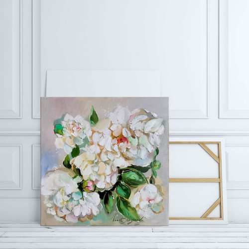 White peonies flowers painting on canvas, Textural white floral art by Annet Loginova