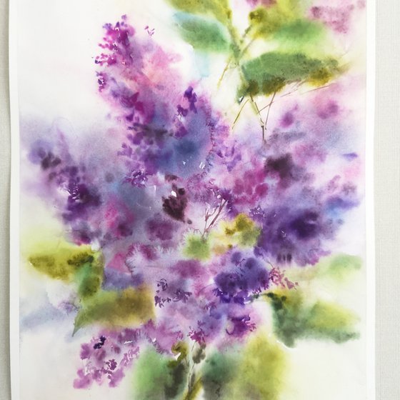 Lilac bouquet. Impressionist flowers. Watercolor purple flowers