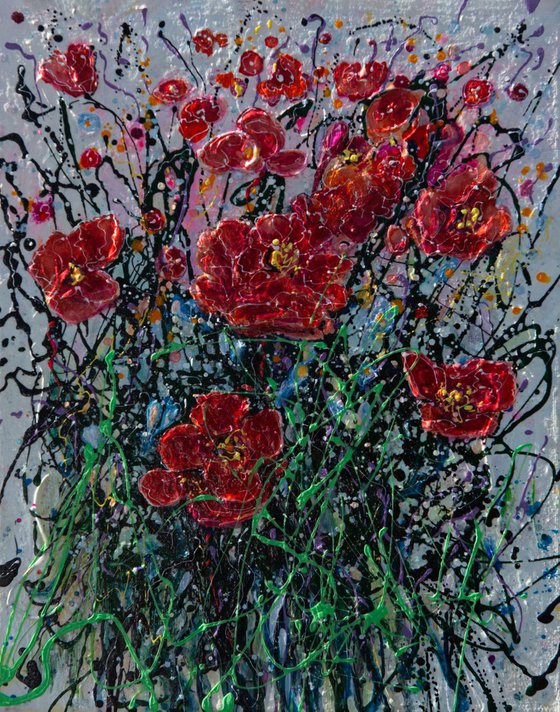 Scarlet Poppy Blooms, Abstract- Original Painting   by Olena Art