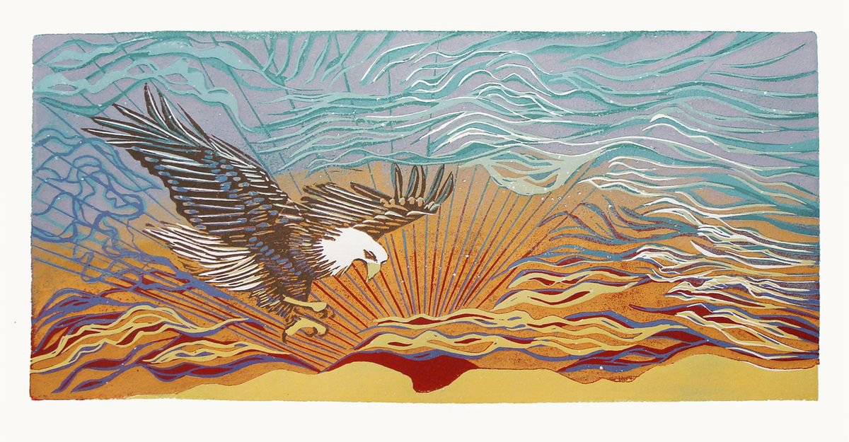 Abstract Animal Linocut By Angela Maher, 14 X 8, Soaring, Original Artwork