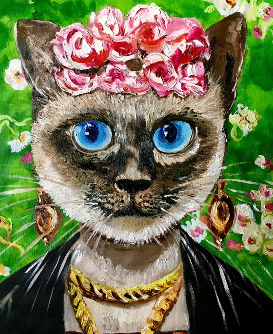 Siamese cat Frida Kahlo inspired by her self-portrait  with pink roses .