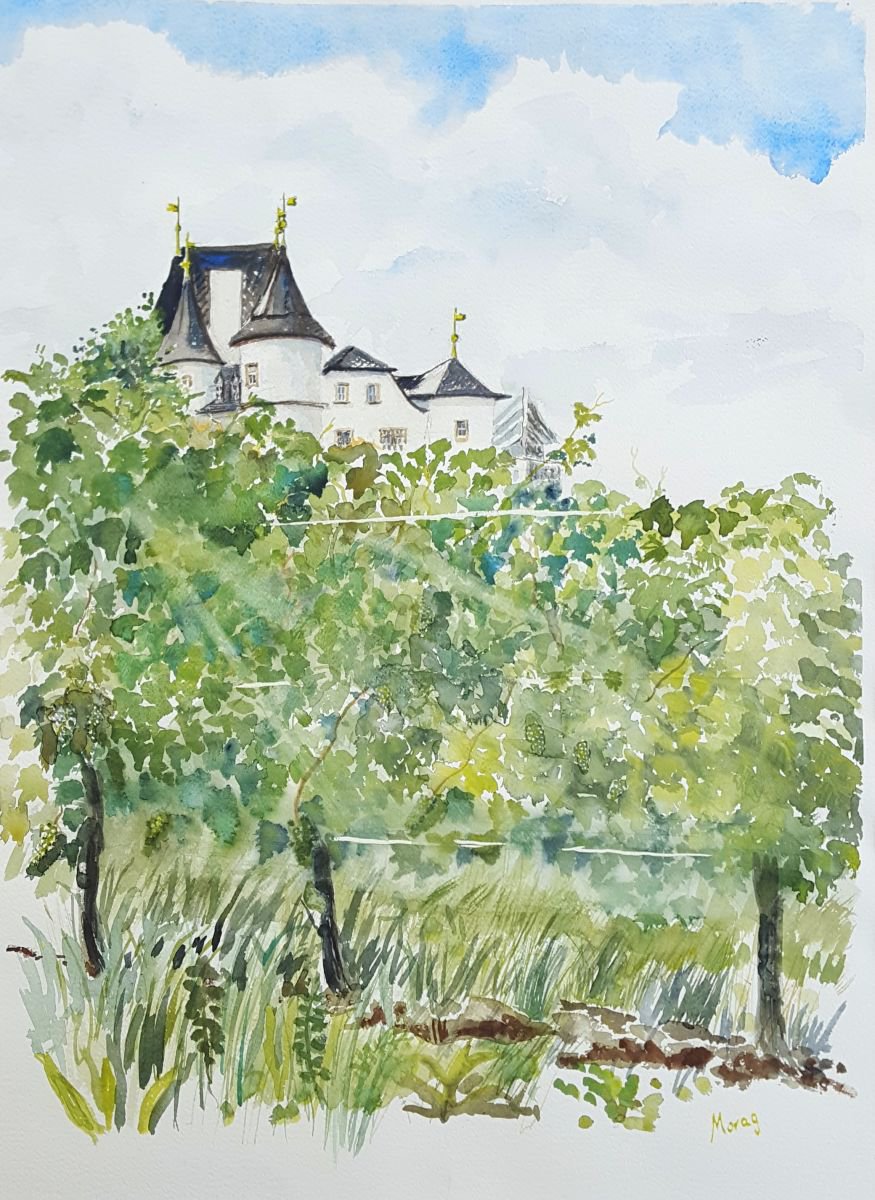 Impressionistic Landscape Watercolour By Morag Paul, 28 X 35", Schloss Berg Among The Vineyards, Original Artwork