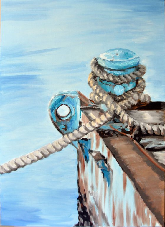 Painting of sea wharf with rope on the shore