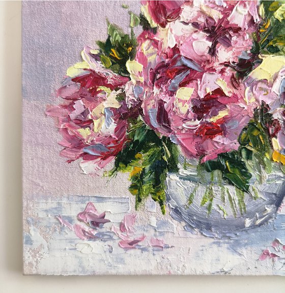 Peony bouquet in vase, impressionist flowers still life